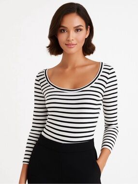 AYR The Open Ended Scoop-Neck Striped Ribbed Long Sleeve Black & White Tee XS